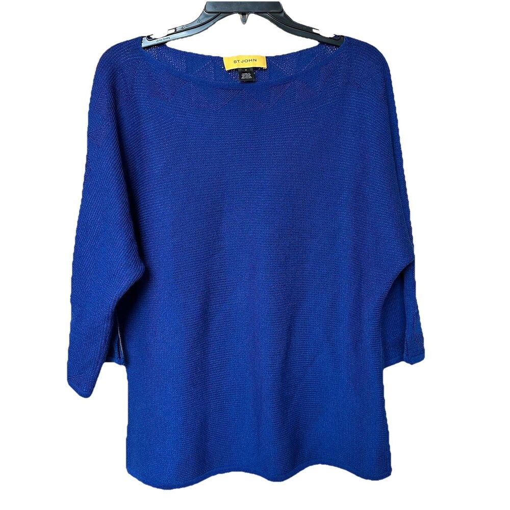 St John Sweater Women’s Lg Blue Pullover Knit Preppy Minimalist Lagen Wool Blend